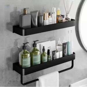 Black Bathroom Shelving No-drilling Wall-mounted Storage Rack