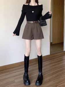 Caramel Woolen Suit Pants Womens Spring Autumn plus Size Loose High Waist A-Line Wide Leg Pants Commute Style Knitted Bootcut