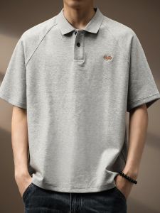 Áo Thun Polo Tay Ngắn Dáng Rộng Mùa Hè Cho Nam Thêu Chữ Màu Xám Thời Trang Cổ Bẻ Phong Cách Mỹ Cổ Điển