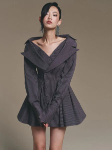 French Retro Stripe Two-piece Style Fall Dress Waist-accentuating