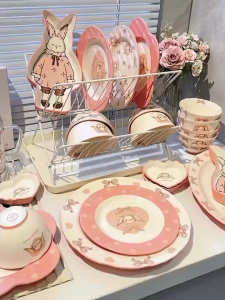 ชุดจานกระต่าย ถ้วย จาน เซรามิค Pink Hera Rabbit เครื่องใช้บนโต๊ะอาหาร ลายกระต่าย มินิมอล น่ารัก