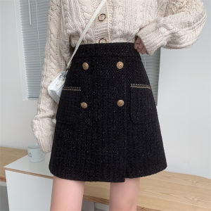 plus Size Half Body Skirt with Belly Covering Autumn Winter Popular Slimming Short A-Line Skirt with Slit Elegant Woolen Fabric