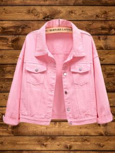Womens Loose Casual Colorful Short Denim Jacket Spring Autumn Pink Top Large Size Coat Small Figure Friendly Fashionable