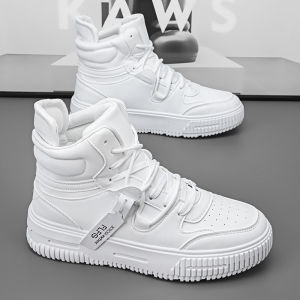 High-Top Mens Shoes Trendy All-Match Casual White Mid-Top Skate Shoes Teenage Sports Thick-Heeled Height-Increasing White Shoes