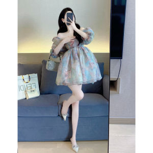 French Waist-Cinching Princess Ball Gown Summer New Sweet Floral Print A-Line Dress Womens Fashion Elegant Short Skirt