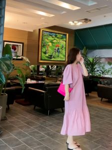 Dongda Gate Summer 2025 Loose Fairy Long Dress Pink Bubble Sleeve Elegant Womens Dress Commute Style Mid-length Skirt
