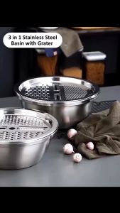 ✅100% Original Yoky 3Pcs/Set Multifunctional Stainless Steel Basin Drain Basket Vegetable Cutter Kit Kitchen