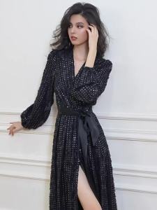 Luxurious Starlight Feathers Dotted Black Elegant Wrap Dress