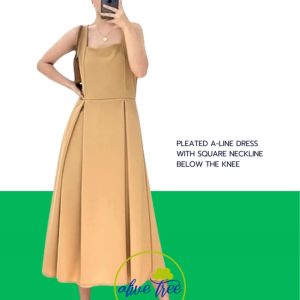 Pleated Basic A-line Dress Square neck Sleeveless Below the Knee (Fits Small - Large)