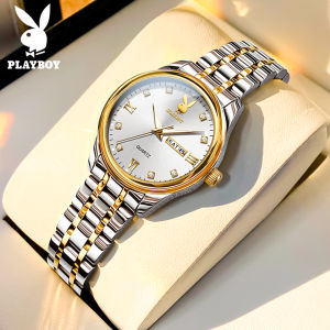 นาฬิกาเพลย์บอยสำหรับกันน้ำสำหรับผู้หญิงต้นฉบับเกาหลีหน้าปัดสไตล์เพชรหรูหราสแตนเลสสตีลเรืองแสงปฏิทินคู่หรูหราสบายๆ