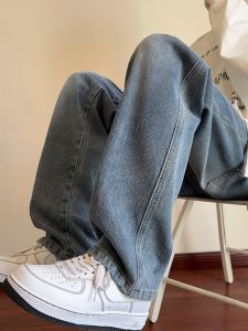 กางเกงยีนส์ทรงตรงลายดาวสำหรับผู้ชาย สไตล์ย้อนยุค สีน้ำเงิน กางเกงขายาวทรงหลวมเอวยางยืด ทรงหลวม ทรงหลวม ทรงหลวม