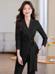 Elegant Black Suit Set Womens Spring 2025 New High-End Career Waist-Cinching Slimming Western Coat Breathable Polyester Fiber