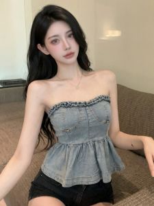 GUZILIAN | Off-Shoulder Denim Top with Ruffles