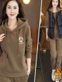 Women's Fleece Lined Loose Thickened Hoodie Set Autumn Winter Sportswear Large Size Whole Set Long Pants Long Sleeve Zipper Closure. 