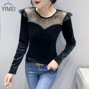 YIMEI Áo Nhung Vàng Thời Trang Hàn Quốc Áo Mặc Trong Màu Đen Ôm Sát Thời Trang Mới Mùa Thu 2022 Cho Nữ Áo Dài Tay Cổ Tròn Lưới Gợi Cảm