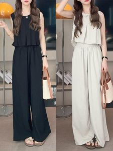 Shalldoer | Summer Casual Loose Womens Outfit Set Round Neck Sleeveless Top High Waist Straight Leg Pants Two-Piece Ensemble Floral Print