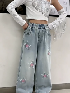 130-160cm กางเกงยีนส์เด็กผู้หญิง กางเกงขายาวเด็กแฟชั่น การปักเทรนด์ สวมใส่ด้านนอก ใหม่ ผ้าคุณภาพดี 7-15 ขวบ