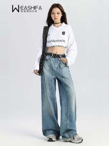 Quần Jeans Denim Ống Rộng Cạp Lows Quần Jeans Nữ Rộng Rãi Có Nút Cài Màu Xanh Denim Quần Jeans Thường Ngày Cho Nữ