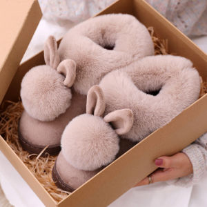 Winter Plush Slippers for Women & Men - Thick Sole Couple House Shoes Cozy Faux Rabbit Fur Indoor Slides with Closed Back