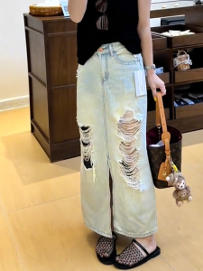 MANMI | Stylish Design Hole Straight Denim Skirt