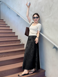 New Chinese Style High Waist Slimming Black Fish Tail Half Skirt Womens Fashion Retro Braid Embroidery Midi Skirt
