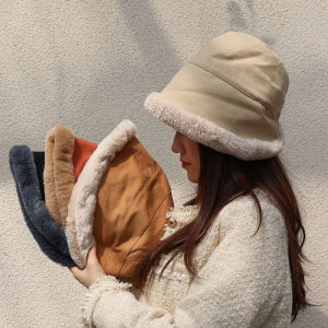 【Free Shipping】Winter Thicken Plush Lamb Wool Fisherman Hat for Women Fashion Casual Warm Outdoor Wide Brim Bucket Cap