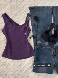 เสื้อกั๊กสายเดี่ยวสีม่วงไม่สมมาตรสำหรับผู้หญิงในฤดูหนาว Vintage วินเทจ สไตล์ลำลอง เสื้อแขนกุดเข้ารูป กระชับสัดส่วน เสื้อผ้าทำงานสำหรับผู้หญิง