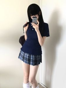 Original High Waist Uniform Skirt for Women Summer School Uniform Dark Blue Plaid Mini Skirt Sweet Style Polyester Fabric