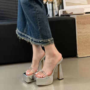 Big Legs! Silver Chunky Heel Platform Sandals Internet Celebrity 15cm Super High Heel Square Toe Waterproof Platform Transparent Slippers Women