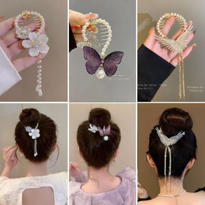 Hair Clip New Fashion Metal Hairpin Temperament Shiny Rhinestones Camellia With Pearl Pendant Hairpin Luxury Pearl High Ponytail Ball Hair Claw Clips For Girls Woman Hair Accessories