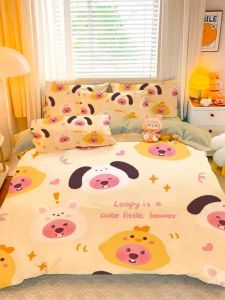 Little Beaver Loopy Cotton Four-Piece Set Cartoon Cute Student Dormitory Pure Cotton Bed Sheet Duvet Cover Bed Three-Piece Set