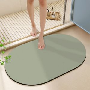 VIKAMA Irregular Oval Diatomite Bath Mat Quick Dry Non Slip Grey Shower Rug Solid Color Absorbent Entry Bedroom Doormat Decor