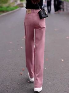 กางเกงยีนส์ทรงตรงเอวสูงสำหรับผู้หญิง ฤดูใบไม้ผลิและฤดูร้อน 2025 กางเกงขายาวทรงหลวมสีชมพูสีเทา ทรงเก้าส่วน กางเกงขายาวทรงหลวม