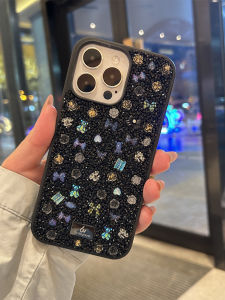 Luxury Glitter Diamond Full Cover Silicone Phone Case for  17Promax Elegant Protective Shell Pink Flower 3D Simple Design