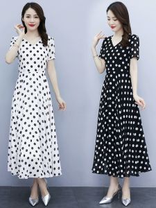 French Polka Dot Print Maxi Dress Womens Summer Chiffon Large Size Flared Skirt Korean Style Commute Short Sleeve V-Neck Dress