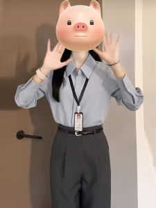 Blue Long Sleeve Shirt Womens Professional Style Commute Workwear Button Detail Splice Straight Cut Polo Collar Casual Shirt