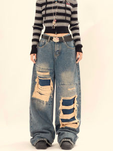 American Style Washed Denim Jeans Mens Loose Straight Leg Long Pants Torn Casual Fashion Youth Popular Mid-High Waist Jeans