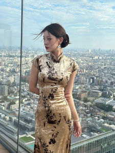 Elegant Short-Sleeve Velvet Qipao Dress Womens Bodycon Split Mid-Length Skirt Chinese Style Retro Wind Daily Wear