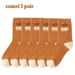 3 pair Thickened elastic middle tube socks Camel pattern for women men size 37-44