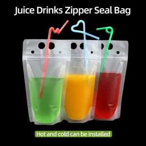 [clearance]500ml100pcs Full Clear Liquid Drink Juice Milk Coffee Stand Up Pouch Packaging Bag Resealable Pouch (Not include straws)