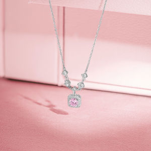ZHOU LIU FU 周六福 สร้อยคอเงินสเตอร์ลิง S925 Sterling Silver Necklace Cubic Zircons Pendants Necklace Pink Square Design Jewelry Gift for Women Mom Birthday J0614124