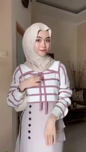 RAJUT BAJU ATASAN WANITA TERBARU RAJUT MOTIF GARIS KERAH ATASAN WANITA KOREAN STYLE