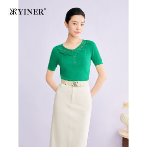YINER | Elegant Lace Hollow Out Peter Pan Collar Rib Knitwear
