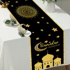 VIKAMA Ramadan Kareem Table Runner Black Gold Mosque Moon Star Design Islamic Festival Decor For Family Dinners Party Gatherings
