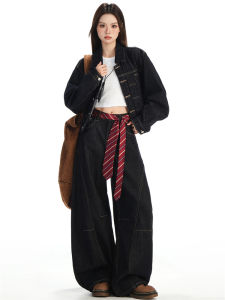 American Deep Blue Curved Knife Jeans Womens Loose Fit Retro High Waist Trousers Casual Wear Autumn New Style Versatile Wide Leg Pants