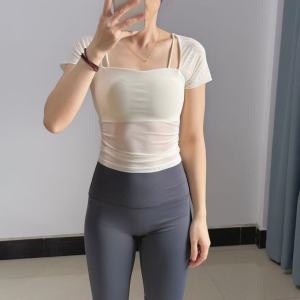 Womens Yoga Fitness Shortsleeve Sports Top Quick Dry Breathable Mesh Tank Top with Chest Pad Summer Prt Exercise Clothes