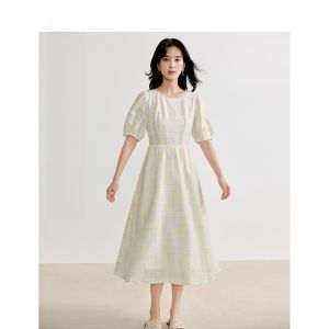 INMAN | Inman Rasele Linen Dress Color Woven Floral Summer Womens Casual A-Line Skirt Short Sleeve Round Neck Single Button Tourist