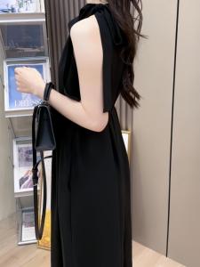 French Style Summer Elegant Neck Hanging Dress Shoulder Exposure Belt Loose Slimming Holiday Wind Sleeveless Draping Temperament Skirt
