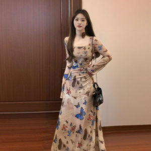 CHANGTONG | Butterfly Print Waist Accentuating Fashionable Dress
