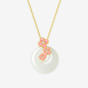 CTS S925 Silver Peach Blossom Hetian Jade Ping An Buckle Necklace CHOW TAI SENG 周大生 ﻿S1PC1372